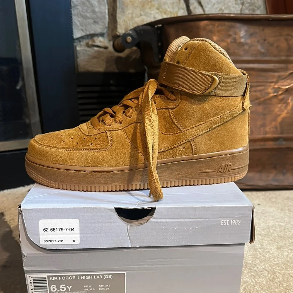 Nike Air Force 1 High Tops in Mustard Suede (Size 6.5Y) - Picture 8 of 17